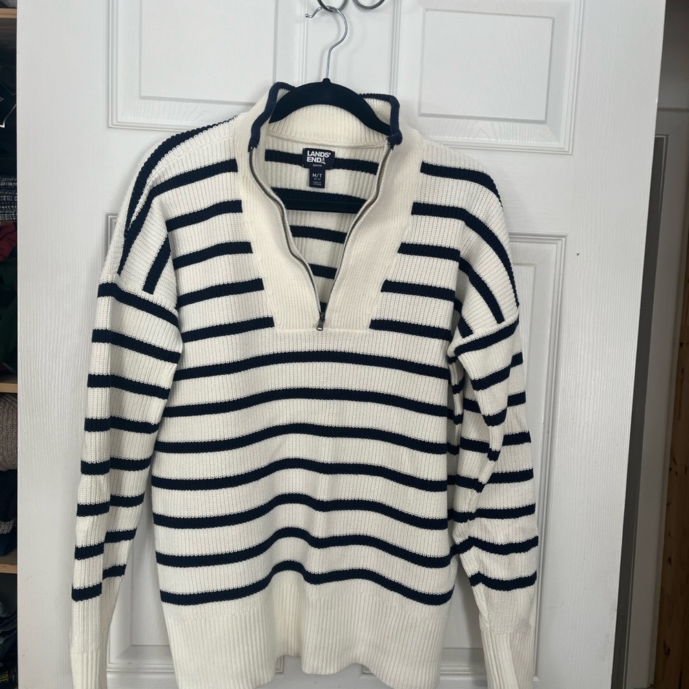 Lands' End White and navy Zip Up Sweater